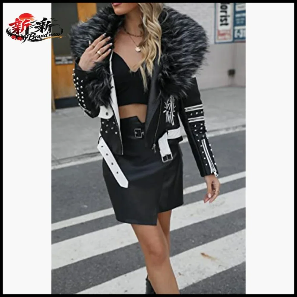 Faux Leather Jacket Studded Rivet Floral Moto Biker Short Lapel Coat - Picture 3 of 7